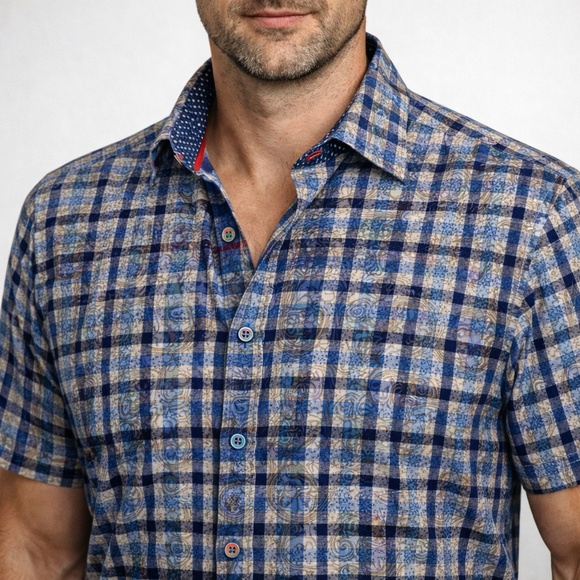 7 Downie St London Couture 2X XXL Blue Plaid Short Sleeve Shirt - Picture 1 of 15